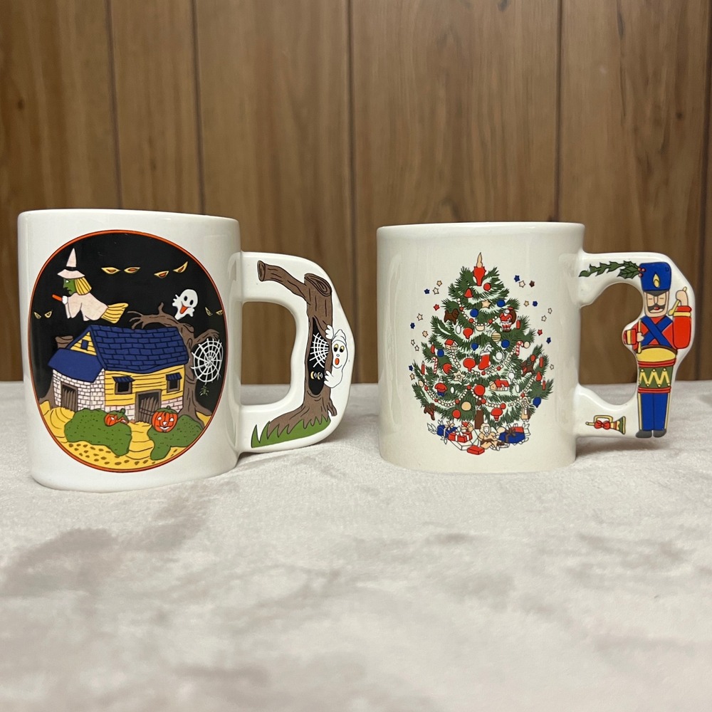 Vintage Halloween and Christmas Mug Set Haunted House Nutcracker Figural Handles